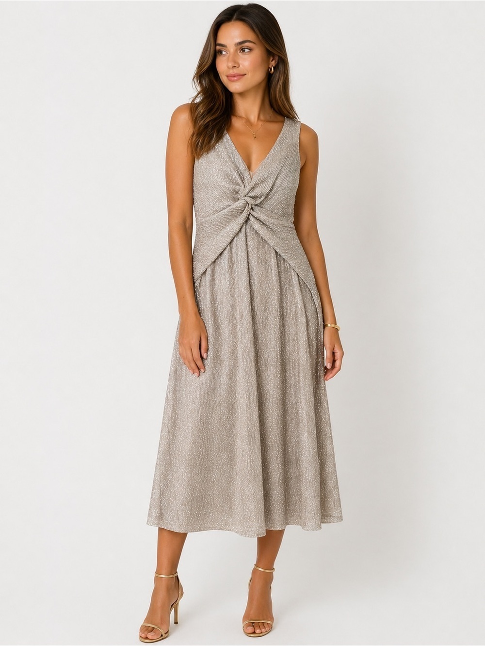 Ralph Lauren Metallic Taupe Twist-Front Midi Dress